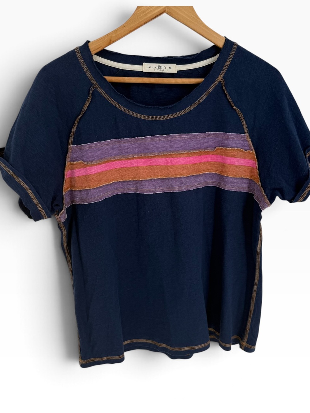 Natural Life Cotton Knit Top Short Sleeve Tee Size M Navy Pink Stripe Crew Neck
